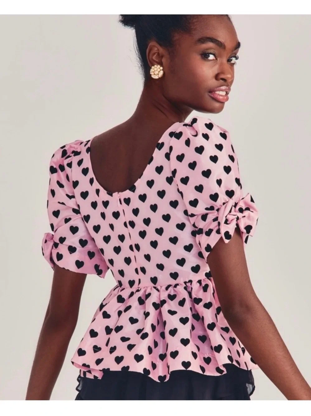 LoveShackFancy Keily Top Pink Black Heart Print Peplum Puff Sleeve Blouse Sz 6